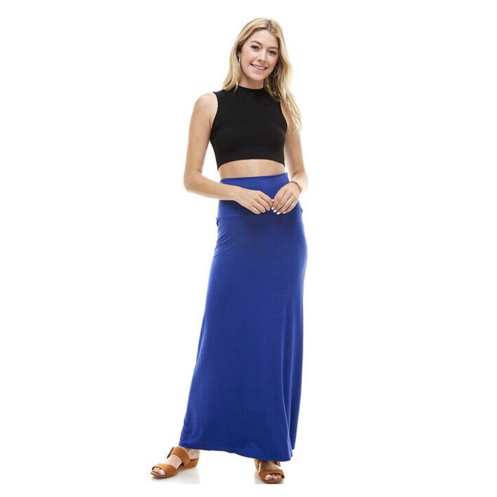 Royal Blue High Waist Maxi Skirt Jersey Knit Stretch Women M NEW